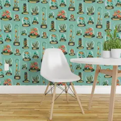 Peel & Stick Wallpaper 2FT Wide Whimsical Nature Small Scale Toadstool Forest Forage Plants Greenhouse Blue Green Custom Removable Wallpaper by Spoonflower