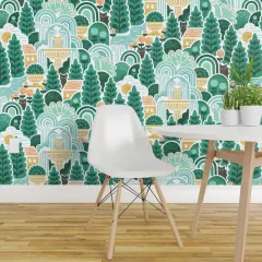 Pre-Pasted Wallpaper 2FT Wide Green Landscape Nature Cats Animals Woods Tree Forest Large Scale Italian Fountain Botanical Custom Pre-pasted Wallpaper by Spoonflower