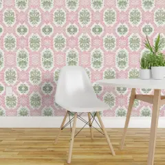 Peel & Stick Wallpaper 2FT Wide Indian Block Print Bombay Pink And Green Colonial Custom Removable Wallpaper by Spoonflower