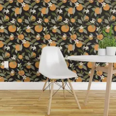 Pre-Pasted Wallpaper 2FT Wide Oranges Citrus Fruit Botanical Leaves Dark Background Custom Pre-pasted Wallpaper by Spoonflower