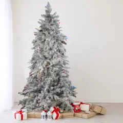 Northlight Real Touch&trade; Pre-Lit Artificial Flocked Dunton Spruce Slim Christmas Tree - 6.5' - Multi Lights Green