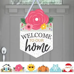 Big Dot of Happiness Holiday Welcome to Our Home - Hanging Seasonal Sign - Interchangeable Door Decor