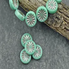 *15* 12mm Platinum Washed Opaque Turquoise Aster Flower Coin Beads