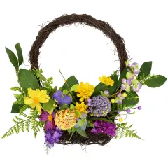 Northlight Mixed Wild Flower and Foliage Hanging Spring Wall Basket - 16" Yellow