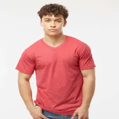Tultex&reg; Poly Rich V-Neck Short Sleeve T-Shirt Heather red