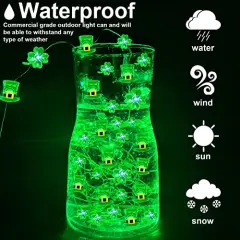 40LEDShamrocks Leprechaun Hat Lights St. Patrick's Day Decorations 10Ft Green Lucky Clover Fairy String Lights Battery Power Irish St.Patrick's Decoration Indoor Outdoor Home(Hat Shamrocks)
