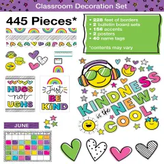 Carson Dellosa Kind Vibes 445 pc Set of Classroom Decor, Calendar With Monthly Headers, Motivational Posters and Bulletin Board Set, Boho Rainbow Borders, Heart Cutouts, Name Tags, Nameplates and More