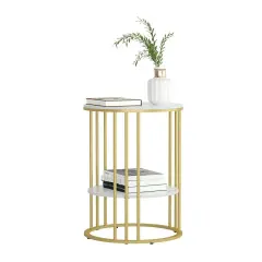 Delicate 2 Tier Gold Side End Table Marble Round Accent Furniture Bedside Table