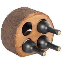 Round Wood Log Style with Bark 4 Bottle Countertop Wine Rack Holder