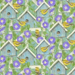 Hydrangea Bird Song Birds on Lattice Cotton Fabric by Henry Glass