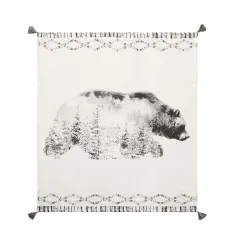 Bear in Forest Grayscale Printed 100% Cotton Throw Blanket w/ Tassels 50" x 60"
