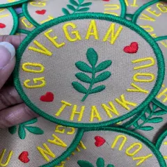 Patch Party Club &ldquo;Go Vegan, Thank You&rdquo; Iron-On Embroidered Patch, Size 3&rdquo;
