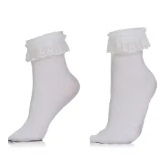 White Ruffled Anklet Socks - Frilly White Opaque Lace Ruffles Top Trim Bobby Sock