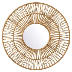 Decorative Woven Paper Rope Round Shape Bamboo Wood Modern Hanging Wall Mirror