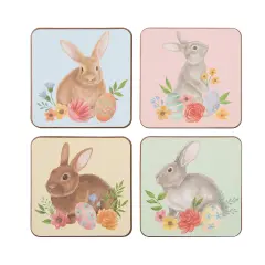4" Multi-Color Easter Floral Cute Bunny Rabbit Drink Sitter Coasters Set of 4