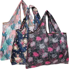 Wrapables Large Foldable Tote Nylon Reusable Grocery Bag, 3 Pack Floral Fun