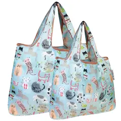Wrapables Large & Small Foldable Tote Nylon Reusable Grocery Bags, Set of 2 Cool Cats