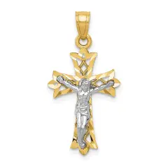 10K Yellow Gold & Rhodium Plated Filigree Crucifix Pendant Charm 25mm x 14mm