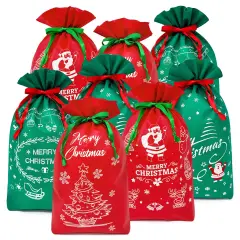 Wrapables Non-Woven Christmas Holiday Drawstring Gift Bags for Party Favors, Goodie Bag, Treats, Gift Wrap, Parties (Set of 8) Red Green