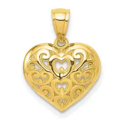 10K Gold Diamond Cut Heart Charm Pendant Jewelry 17 x 12mm