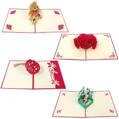Wrapables (Set of 4) 3D Pop-Up Greeting Cards for Birthday, Thank you, Anniversary, Wedding, Holidays Heart Rose Bloom