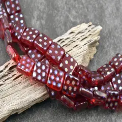 *20* 10mm Ruby Peacock Polka Dot Flat Square Beads