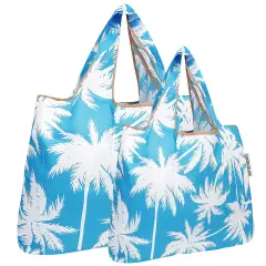 Wrapables Large & Small Foldable Tote Nylon Reusable Grocery Bags, Set of 2 Palm Trees in Blue