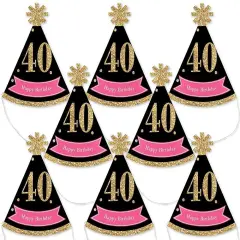Big Dot of Happiness Chic 40th Birthday - Pink, Black and Gold - Mini Cone Birthday Party Hats - Small Little Party Hats - Set of 8