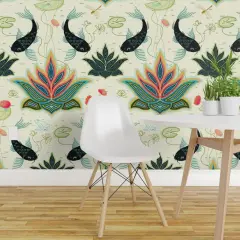 Pre-Pasted Wallpaper 2FT Wide Lotus Damask Koi Fish Black Green Teal Japanese Pond Oriental Asia Beige Pink Water Custom Pre-pasted Wallpaper by Spoonflower