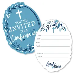 Big Dot of Happiness Confirmation Blue Elegant Cross - Shaped Fill-in Invitations - Boy Religious Party Invitation Cards with Envelopes - Set of 12