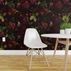Pre-Pasted Wallpaper 2FT Wide Vintage Botanical Dark Chintz Gothic Victorian Moody Romantic Redoute Roses Large Scale Custom Pre-pasted Wallpaper by Spoonflower