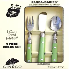 Ginkgo International Panda Babies 3-Piece Stainless Steel Childs Flatware Set, Spring Green