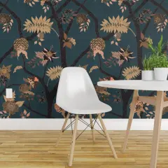 Pre-Pasted Wallpaper 2FT Wide Teal Peony Branch Bro Floral Large Scale Chinoiserie Botanical Woodland Forest Tree Foliage Custom Pre-pasted Wallpaper by Spoonflower
