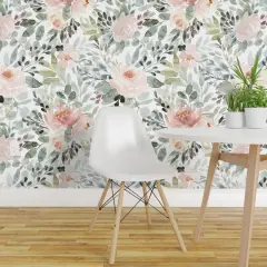 Pre-Pasted Wallpaper 2FT Wide Soft Floral Watercolor Roses Sage Green Blush Baby Girl Nursery Wedding Flowers Botanical Custom Pre-pasted Wallpaper by Spoonflower 10114394