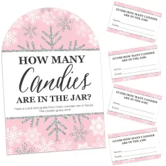 Big Dot of Happiness Pink Winter Wonderland Holiday Snowflake Birthday Party and Baby Shower Game - 1 Stand and 40 Cards - Candy Guessing Game