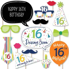 Big Dot of Happiness 16th Birthday - Cheerful Happy Birthday - Colorful Sweet Sixteen Birthday Party Photo Booth Props Kit - 20 Count