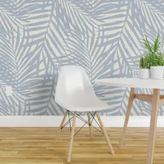 Pre-Pasted Wallpaper 2FT Wide Cream Blue Tropical Palm Soft Watercolor fan palm Custom Pre-pasted Wallpaper by Spoonflower