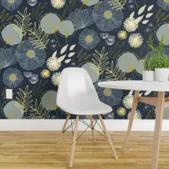 Pre-Pasted Wallpaper 2FT Wide Mod Firefly Botanical Blooms Night Garden Dark Meadow Midcentury Modern Custom Pre-pasted Wallpaper by Spoonflower
