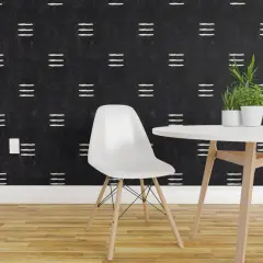 Pre-Pasted Wallpaper 2FT Wide Mudcloth Black White Dark Modern Boho Trendy Tribal Stripes Farmhouse Bohemian Custom Pre-pasted Wallpaper by Spoonflower