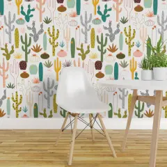 Pre-Pasted Wallpaper 2FT Wide Mod Desert Cactus Garden Succulent Midcentury Modern Botanical Nature Custom Pre-pasted Wallpaper by Spoonflower