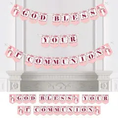Big Dot of Happiness First Communion Pink Elegant Cross - Girl Religious Party Bunting Banner - Party Decorations - God Bless Your 1st Communion