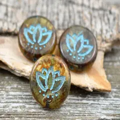 *12* 14mm Turquoise Washed Amber Picasso Lotus Flower Coin Beads