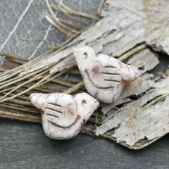 *6* 11x22mm Metallic Beige Washed MatteOpaque Winter White Bird Beads