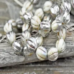 *12* 10mm Metallic Beige Washed Silvered Ivory Faceted Round Melon Beads
