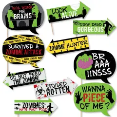 Big Dot of Happiness Funny Zombie Zone - Halloween or Birthday Zombie Crawl Party Photo Booth Props Kit - 10 Piece