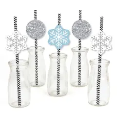 Big Dot of Happiness Winter Wonderland Paper Straw Decor - Snowflake Holiday Party and Winter Wedding Striped Decorative Straws - Set of 24