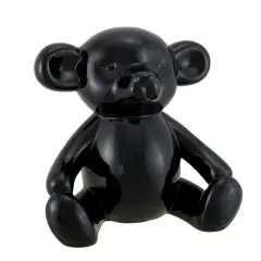 Glossy Black Ceramic Teddy Bear Statue 6 Inch