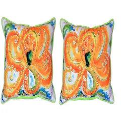 Pair of Betsy Drake Orange Octopus Large Indoor/Outdoor Pillows