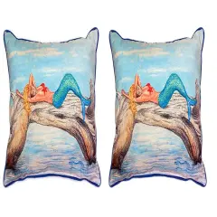 Pair of Betsy Drake Mermaid on Log Large Indoor/Outdoor Pillows 16x20