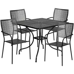 Emma and Oliver Commercial Grade 35.5" Square Metal Garden Patio Table Set, 4 Square Back Chairs Black